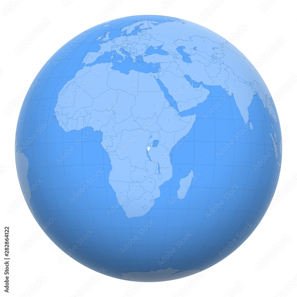 Burundi on the globe. Earth centered at the location of the Republic of Burundi. Map of Burundi. Includes layer with capital cities.