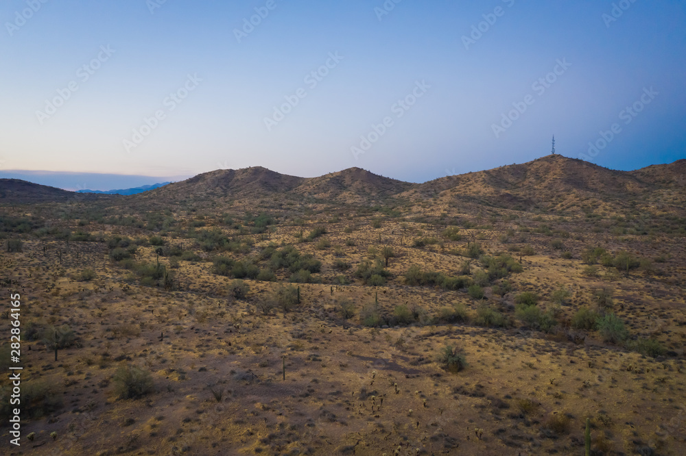 Drone image taken during the golden hour at sunset of the Sonoran Preserve north of Phoenix, Arizona.