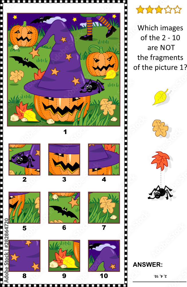 Halloween themed visual puzzle with witch hat, pumpkins and night scene: What of the 2 - 10 are not the fragments of the picture 1? Answer included.