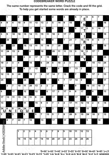 Puzzle page with codebreaker (codeword, code cracker) word game or crossword puzzle. General knowledge, some words already in place, medium level. Answer included.