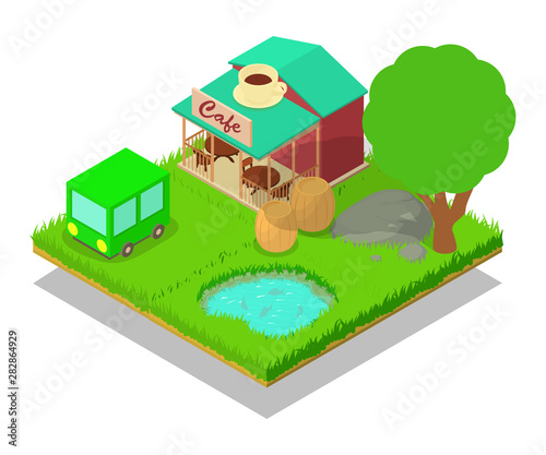 Village cafe concept banner. Isometric banner of village cafe vector concept for web, giftcard and postcard