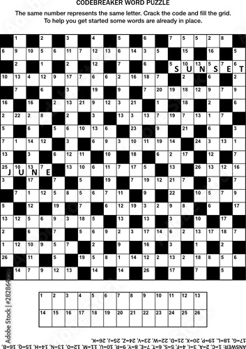 Puzzle page with codebreaker (codeword, code cracker) word game or crossword puzzle. General knowledge, some words already in place, medium level. Answer included.