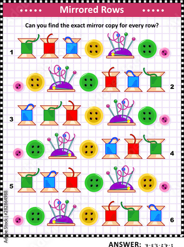 IQ training visual puzzle with colorful sewing spools, buttons, pins and pincushions: Match the pairs - find the exact mirror copy for every row. Answer included.