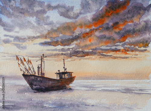 Wooden fishing boat on The Baltic shore. Picture created with watercolors.