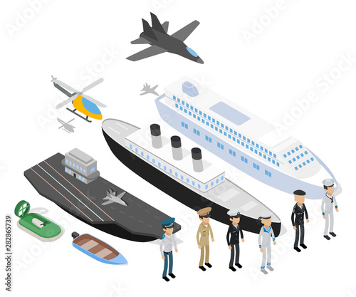 Navy concept banner. Isometric banner of navy vector concept for web, giftcard and postcard