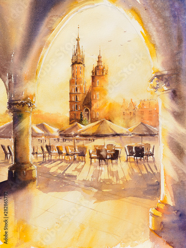 Church of St. Mary in the main Market Square at sunrise. Picture created with watercolors. photo