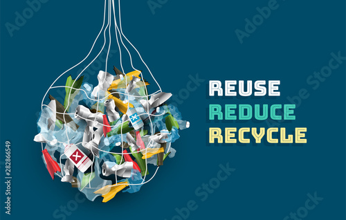 Save world from Plastic by Reuse, Reduce and Recycle concept. Creative vector background or banner design in EPS10 illustration.