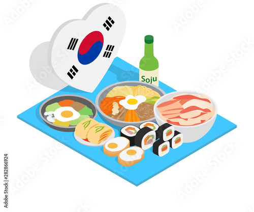 Korea food concept banner. Isometric banner of korea food vector concept for web, giftcard and postcard