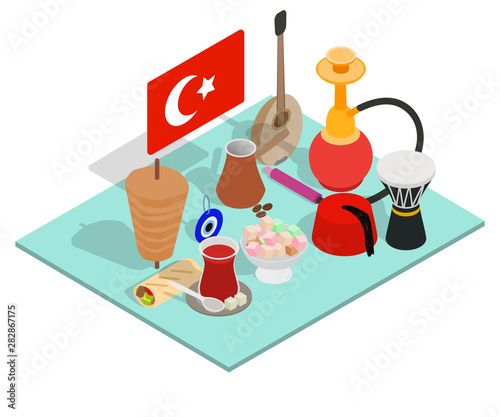 Turkish tea concept banner. Isometric banner of turkish tea vector concept for web, giftcard and postcard