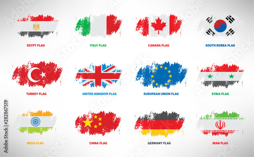 Countries painted colorful brush strokes flag set