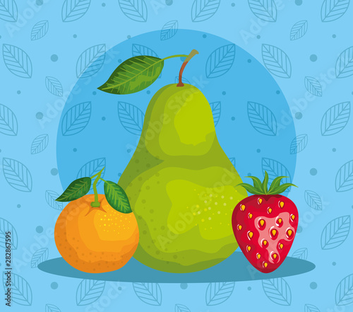 delicious orange with pear and strawberry fruits