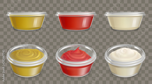 Blank plastic containers with lids for sauces side, top view 3d realistic vector illustration set. Mustard, ketchup, sour cream or mayonnaise packaging mockups isolated on transparent background