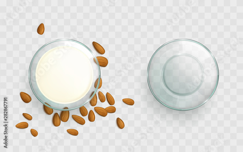 Empty, filled with almond milk glass bowl, scattered around almond nuts top view 3d realistic vector isolated on transparent background. Natural, organic vegetarian culinary food product illustration