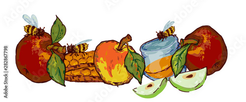 Jewish holiday Rosh Hashanah banner with apples vector illustration isolated.