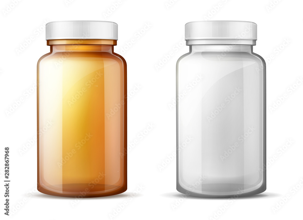 Empty, brown and transparent plastic or glass bottles with white screw lids 3d realistic vector mockup. Food product, medicines, pills or drugs packaging illustration set isolated on white background - obrazy, fototapety, plakaty 