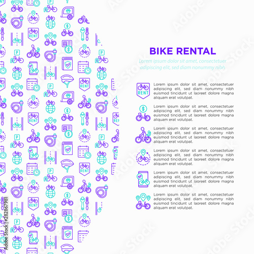 Bike rental concept with thin line icons: rates, bicycle tours, pet trailer, padlock, helmet, child seat, sharing, pointer, deposit, mobile app, cycling route. Vector illustration for sport issues.