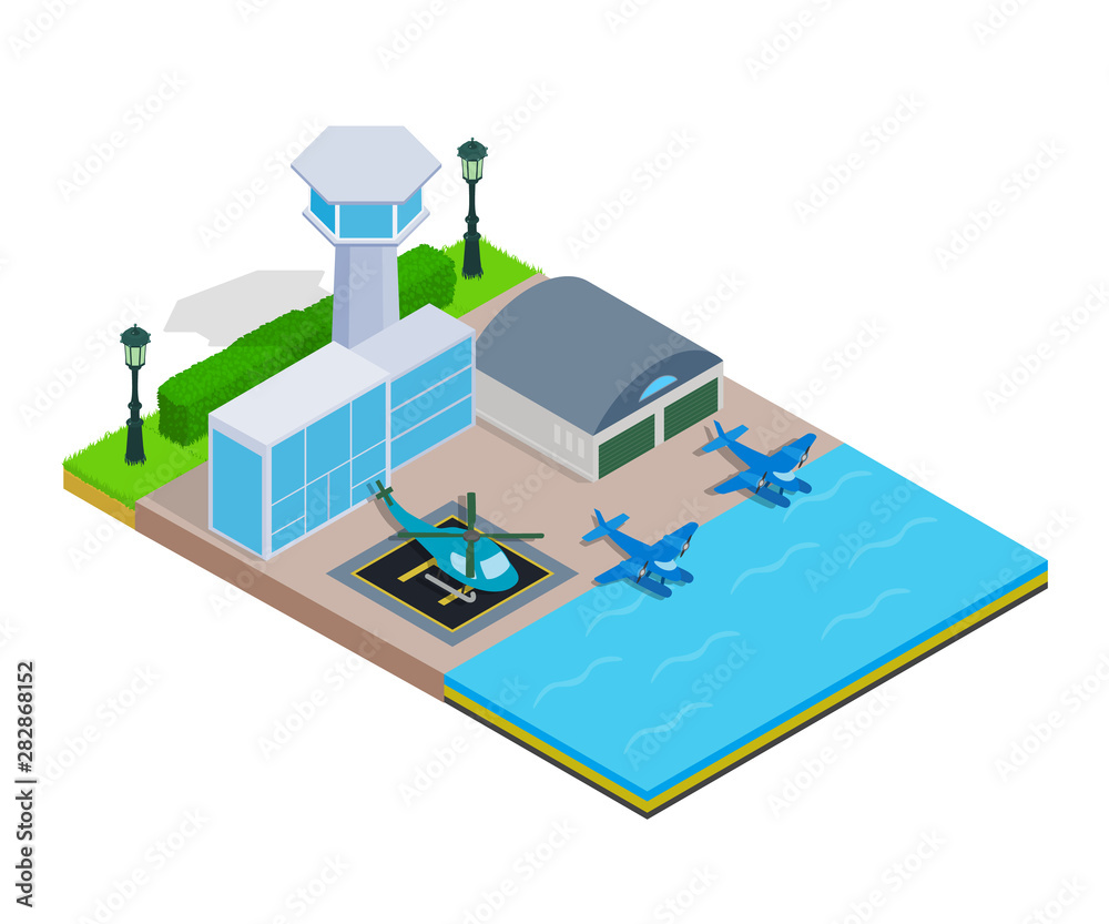 Water airport concept banner. Isometric banner of water airport vector concept for web, giftcard and postcard