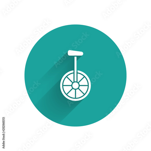 White Unicycle or one wheel bicycle icon isolated with long shadow. Monowheel bicycle. Green circle button. Vector Illustration
