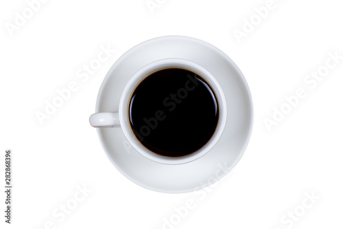 Black coffee in a coffee cup top view isolated on white background.
