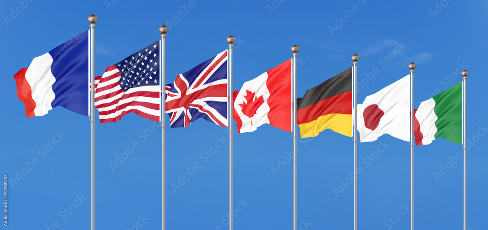 Silk waving G7 flags of countries of Group of Seven Canada, Germany, Italy, France, Japan, USA states, United Kingdom. Blue sky background. Big G7 in France 2019. 3D illustration. Silk waving G7 flags of countries of Group of Seven Canada, Germany, Italy, France, Japan, USA states, United Kingdom. Blue sky background. Big G7 in France 2019. 3D illustration.