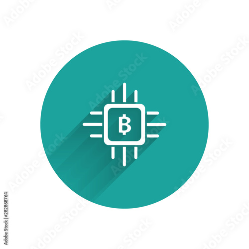 White CPU mining farm icon isolated with long shadow. Bitcoin sign inside processor. Cryptocurrency mining community. Digital money. Green circle button. Vector Illustration