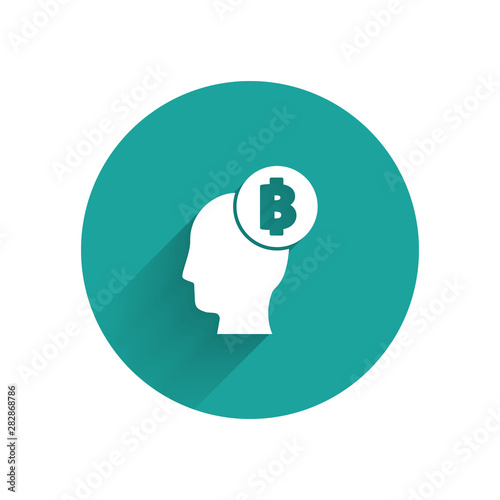 White Bitcoin think icon isolated with long shadow. Cryptocurrency head. Blockchain technology, digital money market, cryptocoin wallet. Green circle button. Vector Illustration