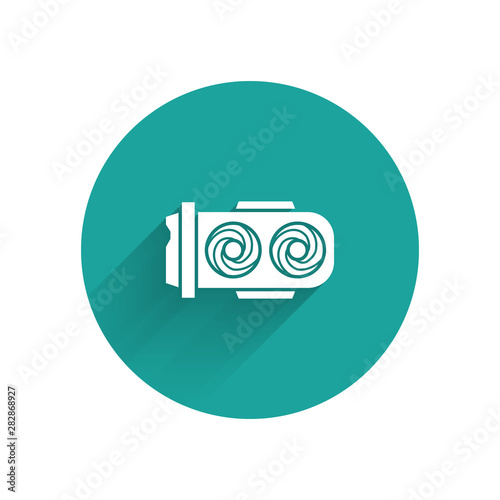 White Mining farm icon isolated with long shadow. Cryptocurrency mining, blockchain technology, digital money market, cryptocoin wallet. Green circle button. Vector Illustration