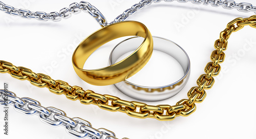 3D rendering of metal mesh fence withe wedding rings. background of metal mesh isolated on white background