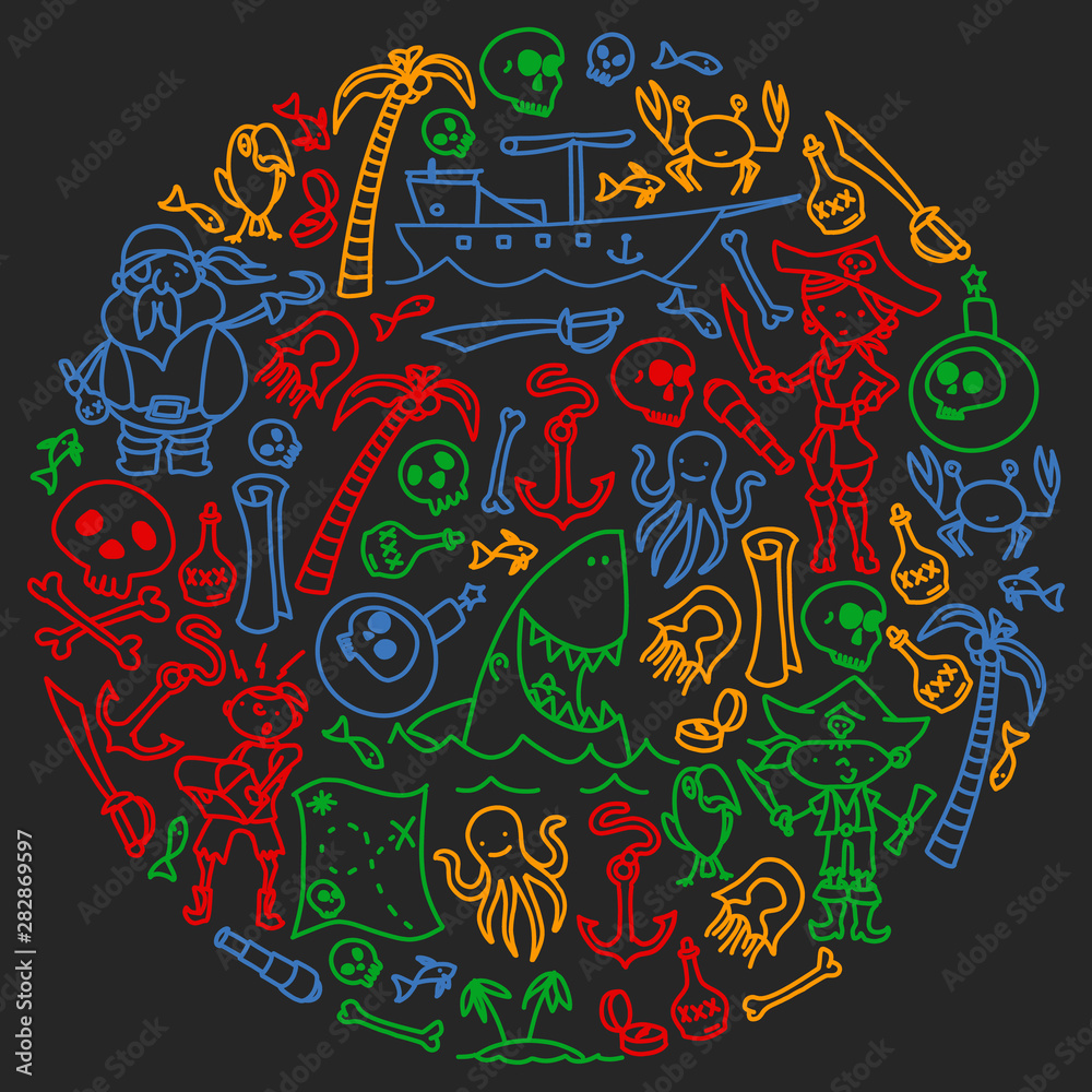 Fototapeta premium Vector set of pirates children's drawings icons in doodle style. Painted, black colorful, chalk pictures on a blackboard.