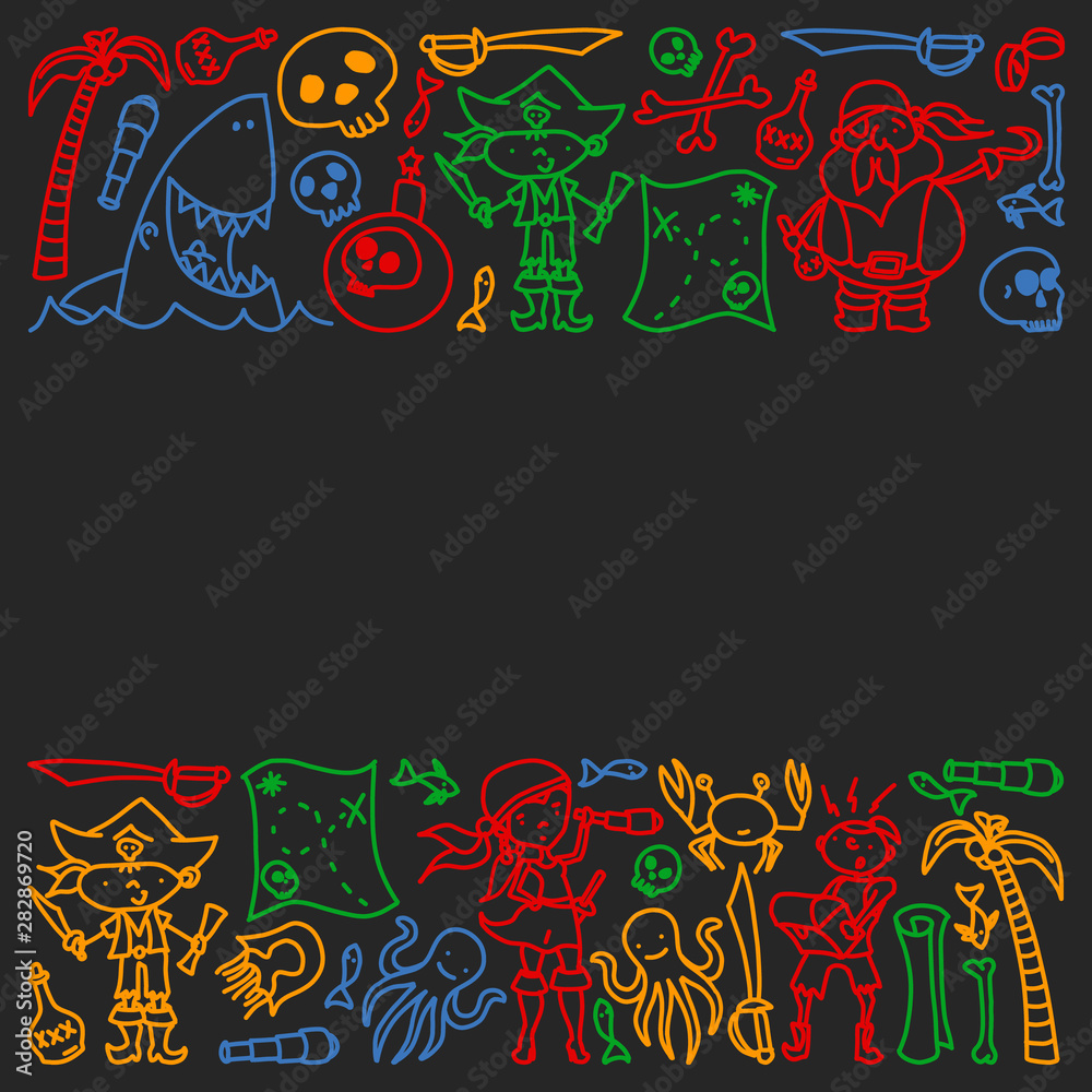 Vector set of pirates children's drawings icons in doodle style. Painted, black colorful, chalk pictures on a blackboard. Vector set of pirates children's drawings icons in doodle style. Painted, black colorful, chalk pictures on a blackboard.
