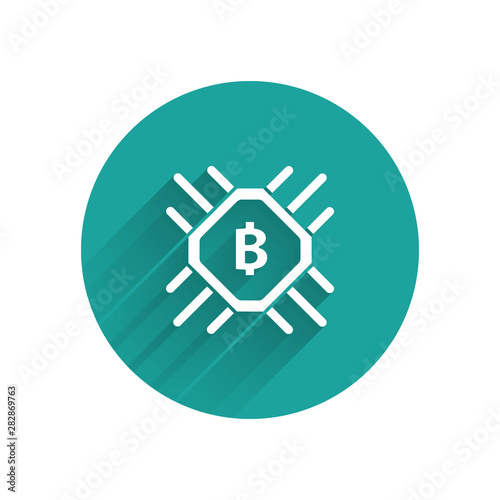 White CPU mining farm icon isolated with long shadow. Bitcoin sign inside processor. Cryptocurrency mining community. Digital money. Green circle button. Vector Illustration