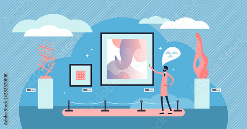 Art exhibition vector illustration. Flat tiny culture view persons concept.