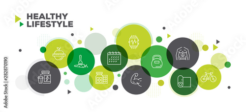 HEALTHY LIFESTYLE ICONS ON MULTI COLORED BACKGROUND BANNER DESIGN