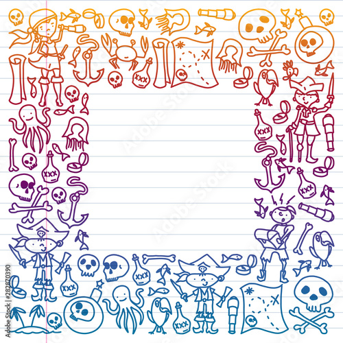 Vector set of pirates children's drawings icons in doodle style. Painted, colorful, pictures on a piece of paper on white background. Drawing by pen on exercise notebook.