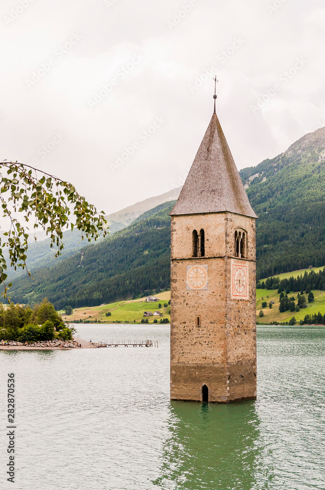 Reschen, Turm, Reschensee, Reschenpass, Passstrasse, Vinschgau, Alpen, Südtirol, Sommer, Italien