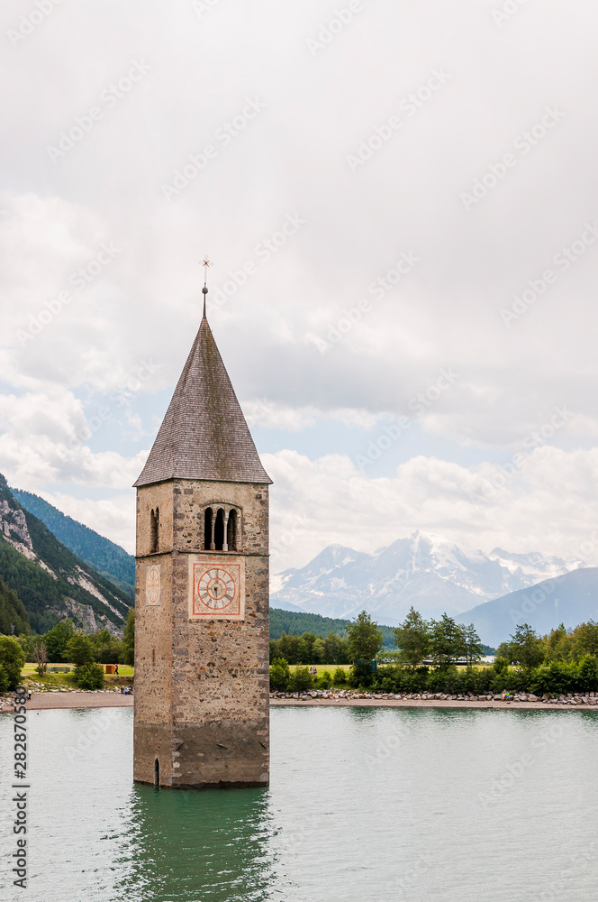 Reschen, Turm, Reschensee, Reschenpass, Passstrasse, Uferweg, Vinschgau, Alpen, Südtirol, Sommer, Italien