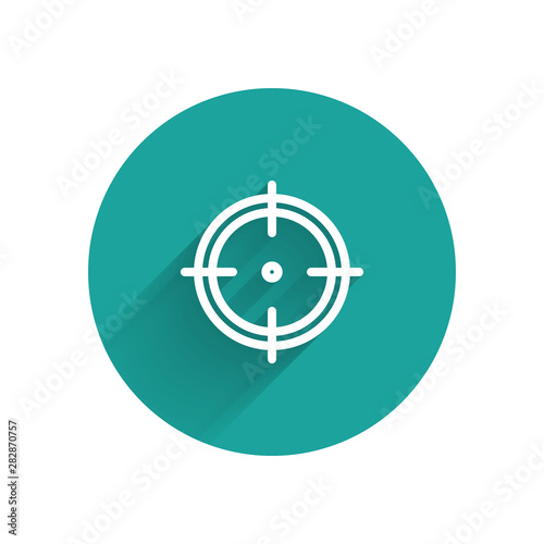 White Target sport for shooting competition icon isolated with long shadow. Clean target with numbers for shooting range or shooting. Green circle button. Vector Illustration