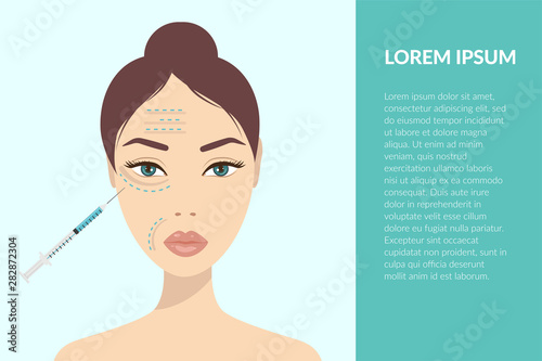 Hyaluronic acid facial injection, vector infographics design template. Beauty, cosmetology, anti-aging concept. Beauty shots. Female rejuvenating mesotherapy injection against wrinkles