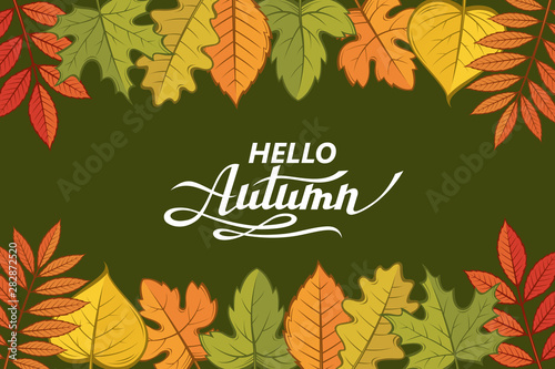 hello autumn lettering pattern with woody leaves isolated on dark background