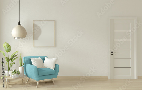 poster mock up living room interior with blue armchair sofa on white room design minimal design. 3D rendering