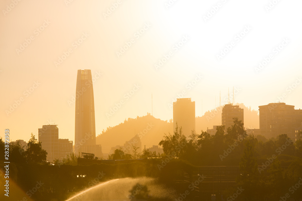 Skyline of buildings in Las Condes district from Parque Araucano, Santiago de Chile