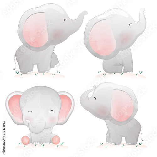 Set of cute cartoon baby elephants.