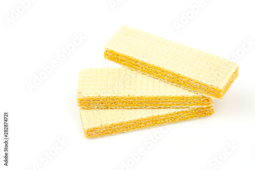 Crispy cheese flavored wafer snack isolated on white background.