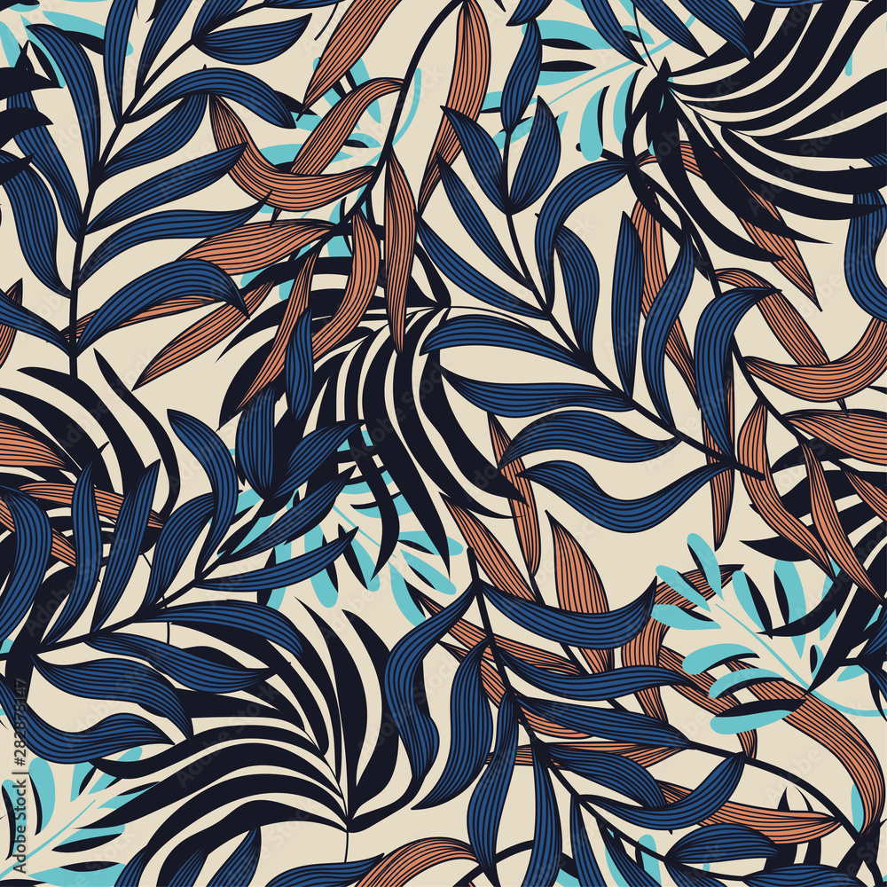 Trendy abstract seamless pattern with colorful tropical leaves and flowers on a beige background. Vector design. Jungle print. Floral background. Printing and textiles. Exotic tropics. Summer design.