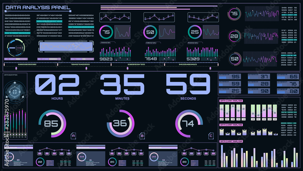 HUD Futuristic Time Monitor Interactive Element Digital Data Screen Interface. Technology Science Fiction Pastel Color Tone Graphic Illustration Indicator Diagram Chart Background.