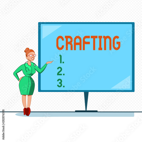 Writing note showing Crafting. Business photo showcasing activity or hobby of making decorative articles by hand using tools. photo