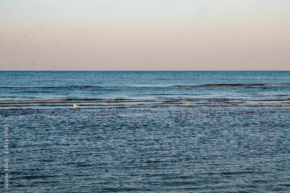 Beautiful seascape - sunset on the sea and bright pink-blue sky and blue calm sea cover. Beautiful seascape - sunset on the sea and bright pink-blue sky and blue calm sea cover.