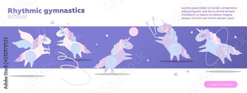 Horizontal Web banner design template for rhythmic gymnastics school. Bright violet vector illustration concept. Cute unicorns doing rhythmic gymnastics with ribbon, ball, hoop, skipping rope