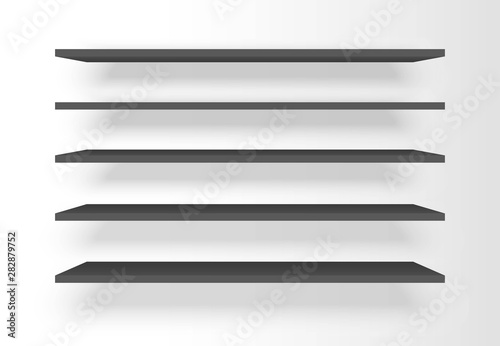 Set of plastic black shelves with shadow on the wall background. Modern, rectangular, horizontal wall furniture template. Shelf icon.
