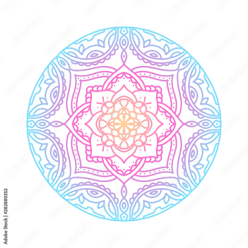 Round gradient mandala on white isolated background. Vector boho mandala in blue, yellow and pink gradient colors. Mandala with abstract patterns. Yoga template Round gradient mandala on white isolated background. Vector boho mandala in blue, yellow and pink gradient colors. Mandala with abstract patterns. Yoga template